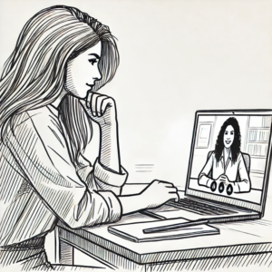 A sketch of a young woman having a video meeting with a social worker